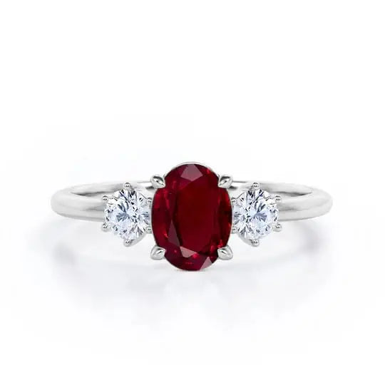 Oval Cut Lab-Created Ruby Classic Pave Setting Three Stone Engagement Ring 925 Sterling Silver Gold Plated Certified Trio Ring