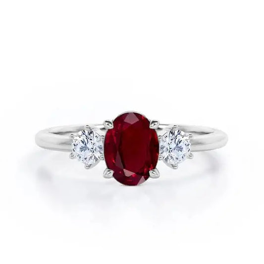 Oval Cut Lab-Created Ruby Classic Pave Setting Three Stone Engagement Ring 925 Sterling Silver Gold Plated Certified Trio Ring