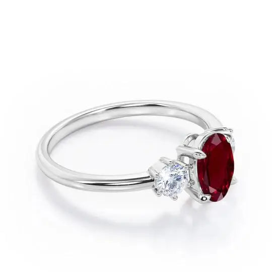 Oval Cut Lab-Created Ruby Classic Pave Setting Three Stone Engagement Ring 925 Sterling Silver Gold Plated Certified Trio Ring