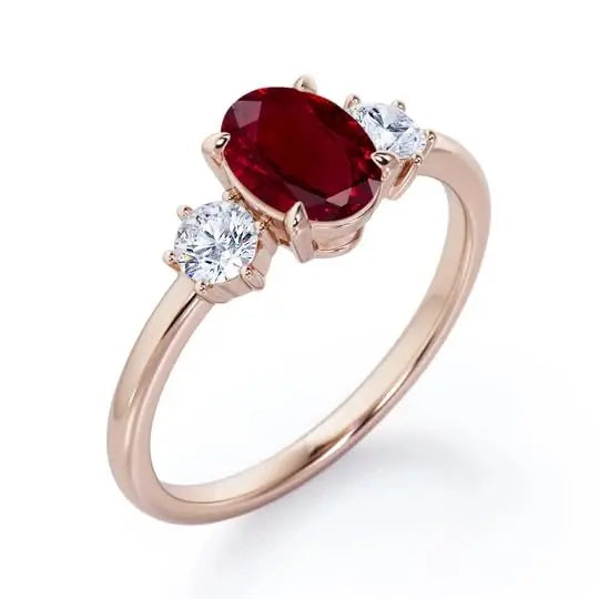 Oval Cut Lab-Created Ruby Classic Pave Setting Three Stone Engagement Ring 925 Sterling Silver Gold Plated Certified Trio Ring
