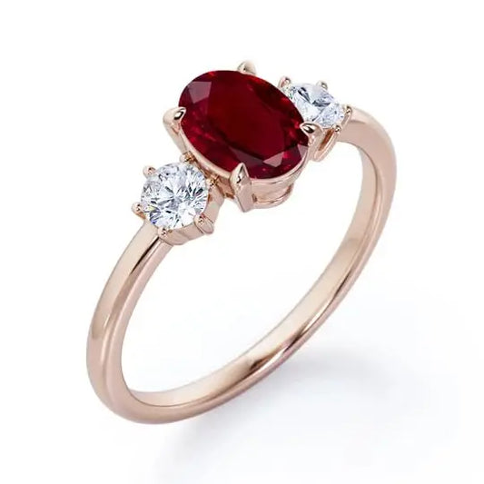 Oval Cut Lab-Created Ruby Classic Pave Setting Three Stone Engagement Ring 925 Sterling Silver Gold Plated Certified Trio Ring