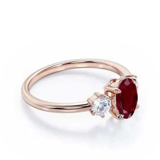 Oval Cut Lab-Created Ruby Classic Pave Setting Three Stone Engagement Ring 925 Sterling Silver Gold Plated Certified Trio Ring