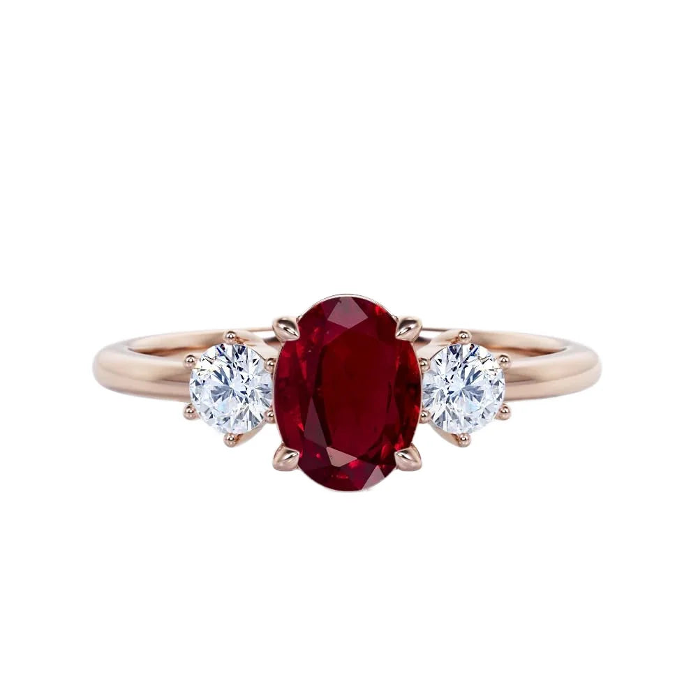 Oval Cut Lab-Created Ruby Classic Pave Setting Three Stone Engagement Ring 925 Sterling Silver Gold Plated Certified Trio Ring