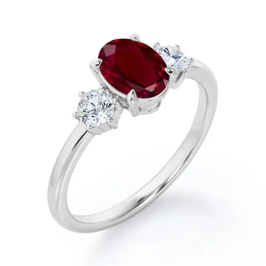 Oval Cut Lab-Created Ruby Classic Pave Setting Three Stone Engagement Ring 925 Sterling Silver Gold Plated Certified Trio Ring